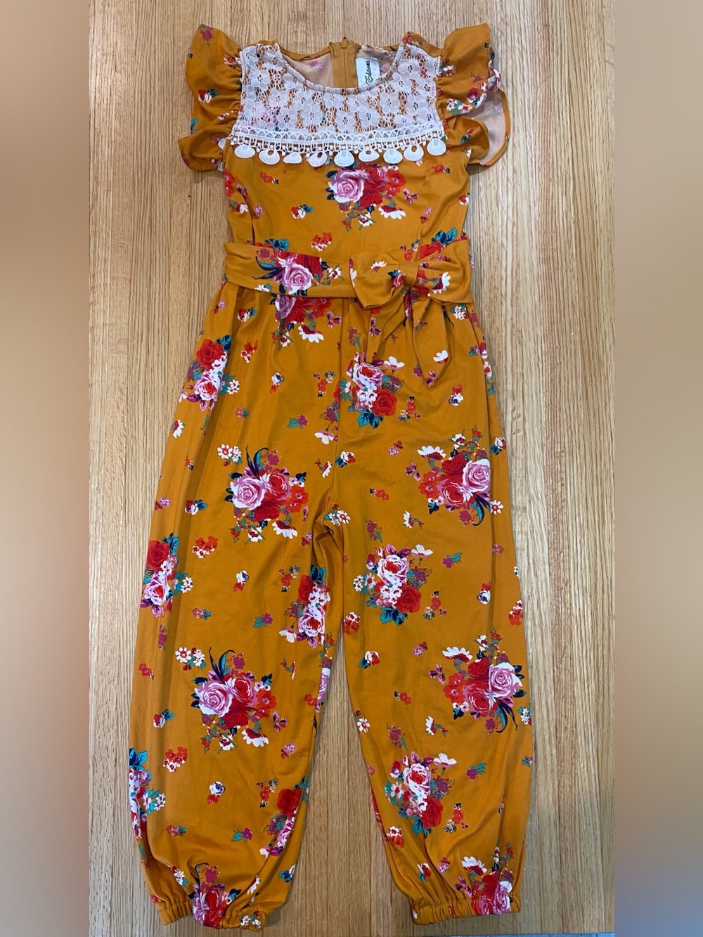 Rare Editions Mustard Floral Tie-Waist Romper with Lace Yoke
